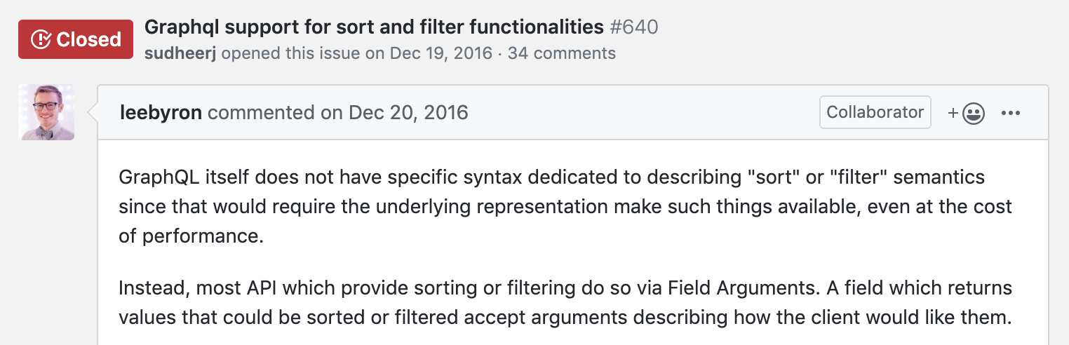 Lee Byron commenting that there is no sorting/filtering support in GraphQL