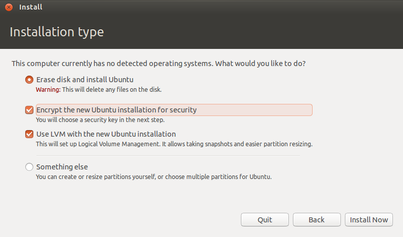 Ubuntu installer: Installation type step